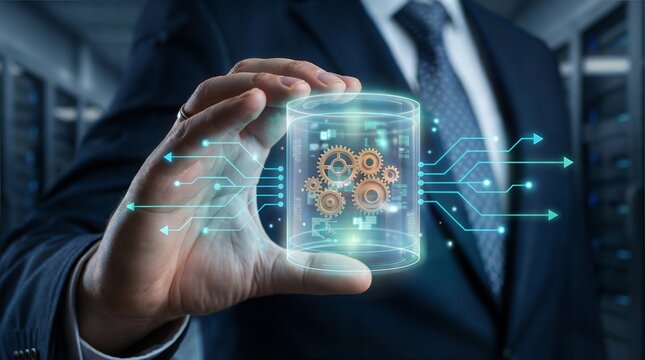 Business man holding a futuristic holographic cylinder displaying gears and data flow in a server room symbolizing advanced technology and digital innovation - Powered by Adobe