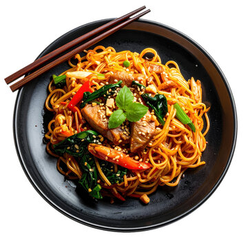 Pad see ew, a popular thai stir-fried noodle dish with wide rice noodles, chicken, and chinese broccoli in soy sauce, isolated on a white background
