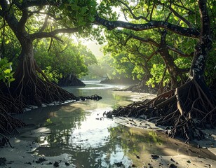 Fototapeta premium Serene Mangrove Forest with River Waterway.