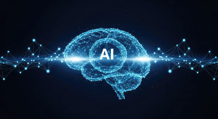 A glowing blue brain with the letters 'AI' in the center, surrounded by a network of interconnected dots and lines against a dark blue background.