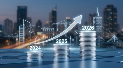 A stack of coins with a city skyline in the background and an upward trend line