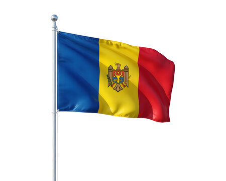 Dynamic Moldovan flag waves proudly on flagpole, symbolizing national pride and heritage in vibrant patriotic display.