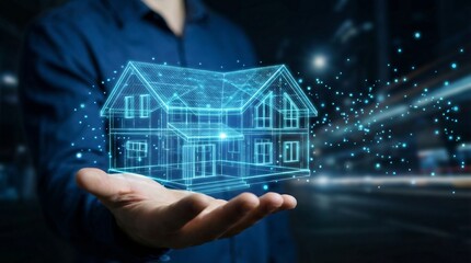 A person holding a glowing blue 3d house model in their hand with a dark background and futuristic lighting effects visible