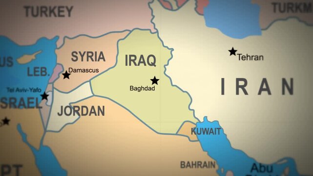 Geopolitical map of Iran and Iraq highlighting major urban areas