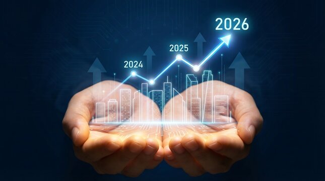 Hands holding a futuristic glowing graph with upward trend and cityscape indicating growth and progress in business or technology by 2026 forecast - Powered by Adobe