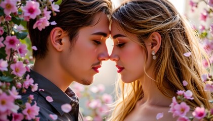 Fototapeta premium Romantic Moment Amid Blooming Pink Flowers
