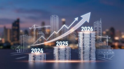 A stack of coins with a line graph and a city skyline in the background showing growth and development over time