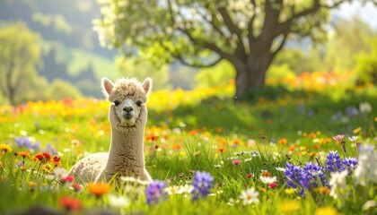 Obraz premium A charming alpaca resting in a colorful field with vibrant wildflowers