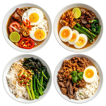 A complete filipino silog meal with garlic fried rice, a fried egg, and your choice of meat, beautifully presented and isolated on white background