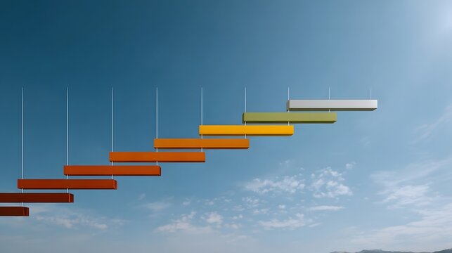 Conceptual staircase of colored bars ascends against a clear blue sky symbolizing progress and planning - Powered by Adobe