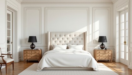 Fototapeta premium Elegant and Modern Bedroom Interior Design with Soft Textiles and Natural Light