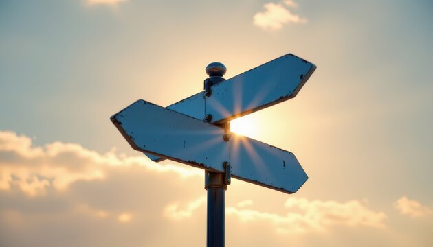 Street Sign with Blank Directions Backlit by a Bright Sunset Sky Illuminating the Clouds and Horizon