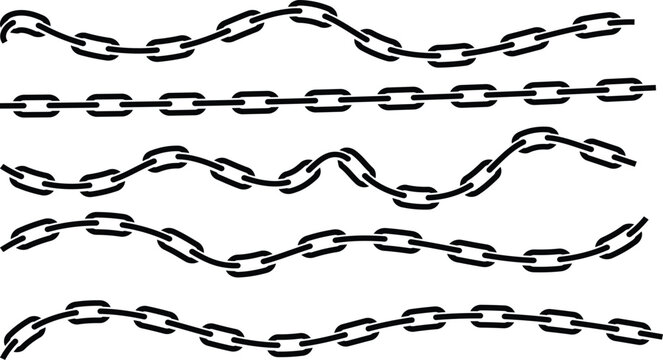 Horizontal chains with varying wave-like patterns and links, illustrating different chain styles and designs in a minimalist black and white graphic representation.