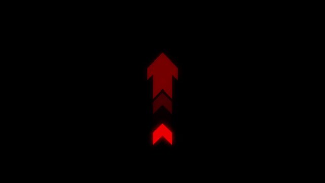Abstract directional arrow icon red color upward indicating pointer showing and digital navigation concepts animation.Glowing sweep arrow icon transparent with business graph on black background.