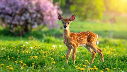 A young fawn standing in a vibrant meadow, surrounded by beautiful flowers and a blooming tree in the background