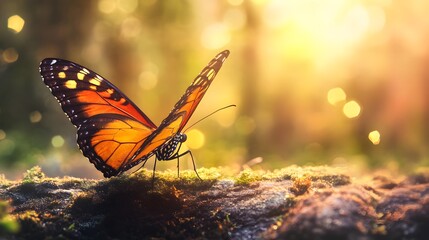 Obraz premium A Monarch butterfly sits on a log in a lush forest with sunlight streaming through the trees.