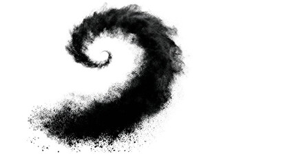 Abstract black spiral powder explosion on white background. Dynamic art texture with swirling motion, ideal for design elements, graphics, and artistic compositions.