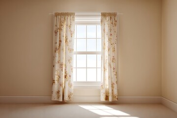 newly installed double hung window with floral print curtains