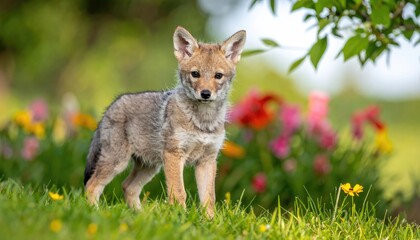 Obraz premium A young coyote standing proudly among colorful wildflowers in a vibrant garden setting