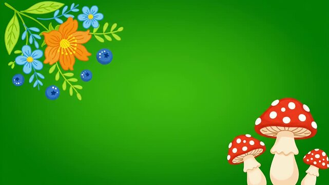 Nature illustration of colorful flowers and red mushrooms on a fond vert.