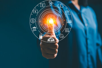 Businessperson scanning fingerprint on virtual biometric interface with currency and lock icons, symbolizing secure payments, identity verification, fintech access control and data protection.