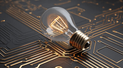 A light bulb glows brightly, resting on a circuit board, symbolizing innovation and technology