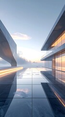 Modern architectural scene with reflective surfaces and serene sky