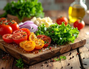 Fresh salad ingredients on a wooden board, ready for preparation