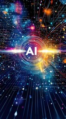 Obraz premium Holographic chip symbol with white AI wording over flowing data stream and code landscape.