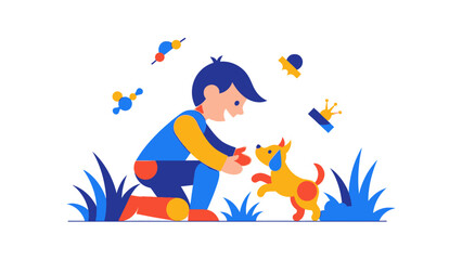 Obraz premium Boy Playing with Dog in Nature, Flat Design
