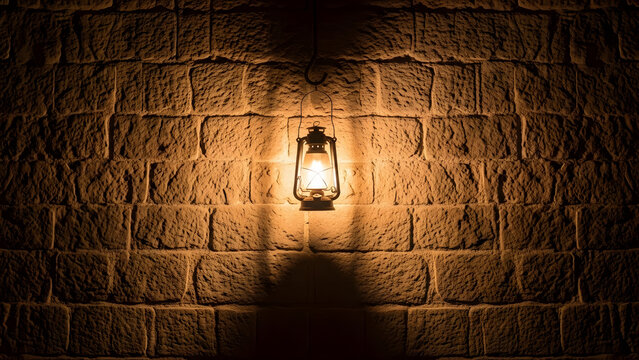 lit lantern on stone wall at night