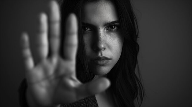 Serious woman in black and white portrait extending hand in stop gesture, symbolizing resistance