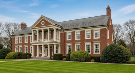 A grand, red-brick mansion with white trim and columns, set against a clear blue sky with scattered clouds, surrounded by lush green lawns and mature trees.