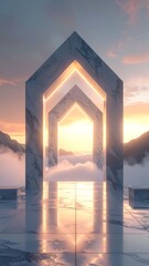 Marble archway frames a sunrise over clouds and mountains