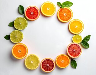 Sliced citrus fruits, arranged in a circle, with green leaves on white