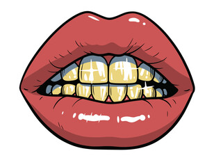 Obraz premium Pop art lips with grillz. Comic illustration of a woman's mouth with gold teeth, vintage tattoo style isolated on white.