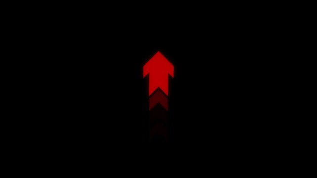 Abstract directional arrow icon red color upward indicating pointer showing and digital navigation concepts animation.Glowing sweep arrow icon transparent with business graph on black background.