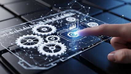 Interactive technology with gears and graphs on a futuristic interface
