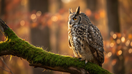 Great Horned Owl Perched in Dappled Forest Light, Watchful Gaze, Natural Habitat Wildlife Photography