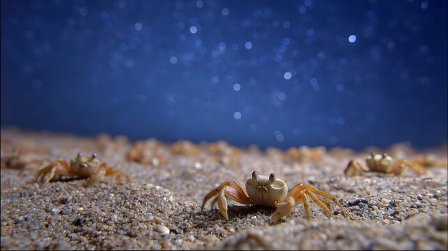 Tiny crabs scurry across a sandy beach under a starry night sky