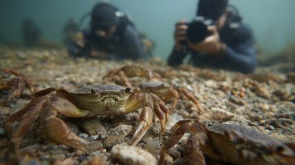 Fototapeta premium Underwater scene with crabs on the seabed and divers photographing marine life