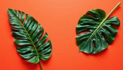 Obraz premium Vibrant Monstera Leaf Arrangement on Bold Orange Background for Artistic Home Decor and Tropical Aesthetic