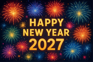 Vibrant fireworks celebrate Happy New Year 2027 with colorful explosions