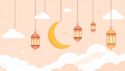Enchanting twilight illustration with a luminous crescent moon and traditional hanging lanterns, creating a serene and festive ambiance for cultural celebrations