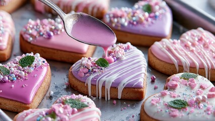 A woman prepares heart-shaped cookies with pink and red icing in a cozy kitchen