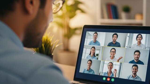 Man participating in virtual business meeting on laptop