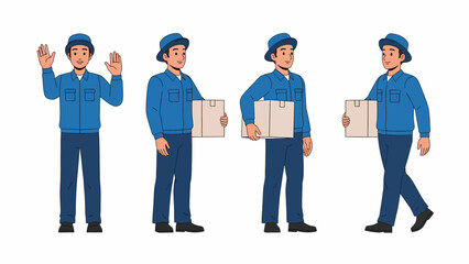 Obraz premium Four poses of a delivery man in blue uniform holding a package and waving.