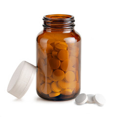 An open brown glass pharmacy bottle filled with orange supplements, featuring three white tablets on the side. Isolated on white, perfect for healthcare and medical product branding.