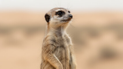 Fototapeta premium Curious Meerkat Close-up Portrait, Alert Expression, Head Tilted, Soft Desert Background, Wildlife Photography