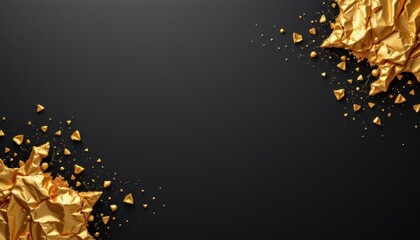 Golden Crumpled Foil and Shiny Stones on Dark Background for Creative Designs and Artistic Concepts